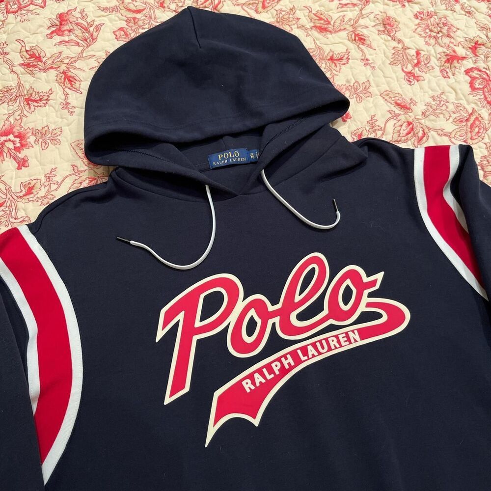 New Polo Ralph Lauren RRL Thick Knit Navy Blue Red and White Polo Hoodie!